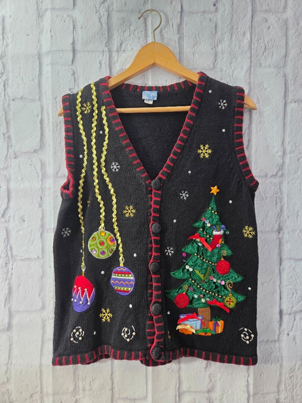 Vintage Holiday Editions Medium Black Embroidered Vest Holiday 90s Christmas